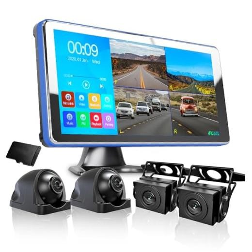 4K Backup Camera 4CH Dash Cam with 10.36″ Quad Split Touch Screen & 4 AHD