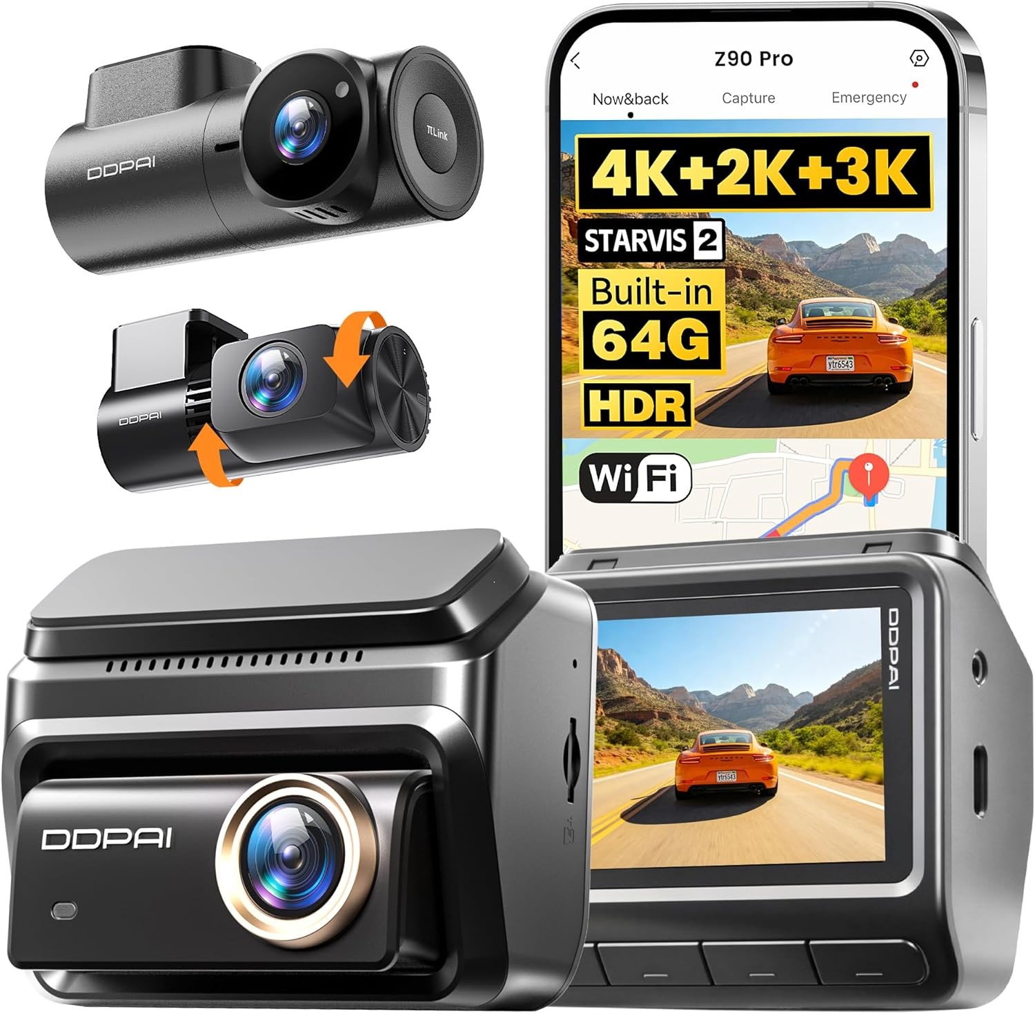 DDPAI 4K 3-Channel Dash Cam,Dashcam for Cars with 128G eMMC+CPL,Front & Rear & I