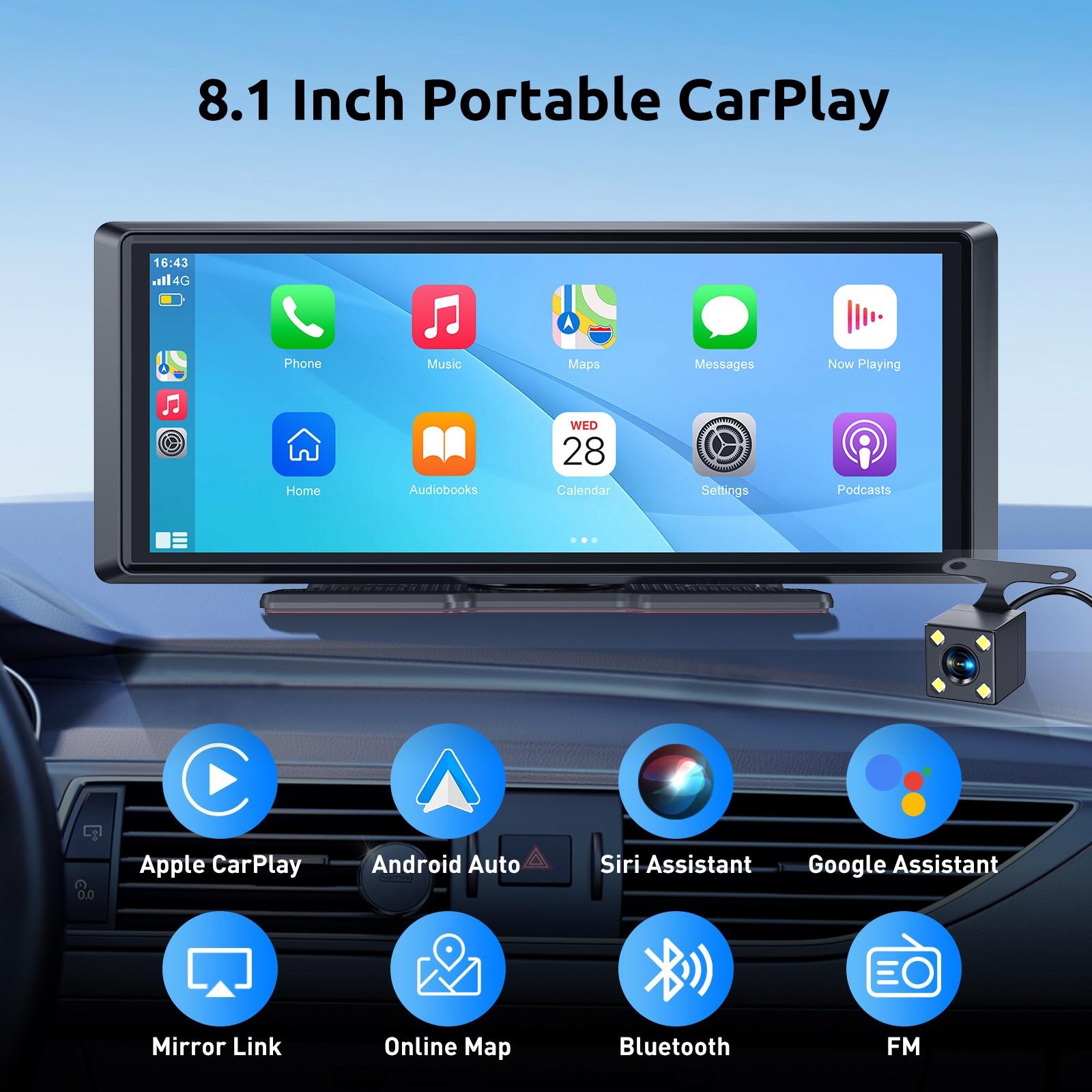 8.1” Portable Car Stereo Android Auto Apple Carplay Screen for Car with Camera