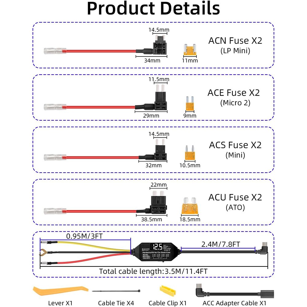 Universal Dash Cam Hardwire Kit 12-24V Mini USB Hard Wire Cable Fuse for Car