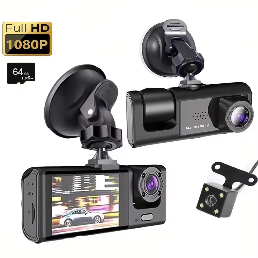HD 1080P Triple Camera Dash Cam DVR Recorder with Night Vision & Loop Recording