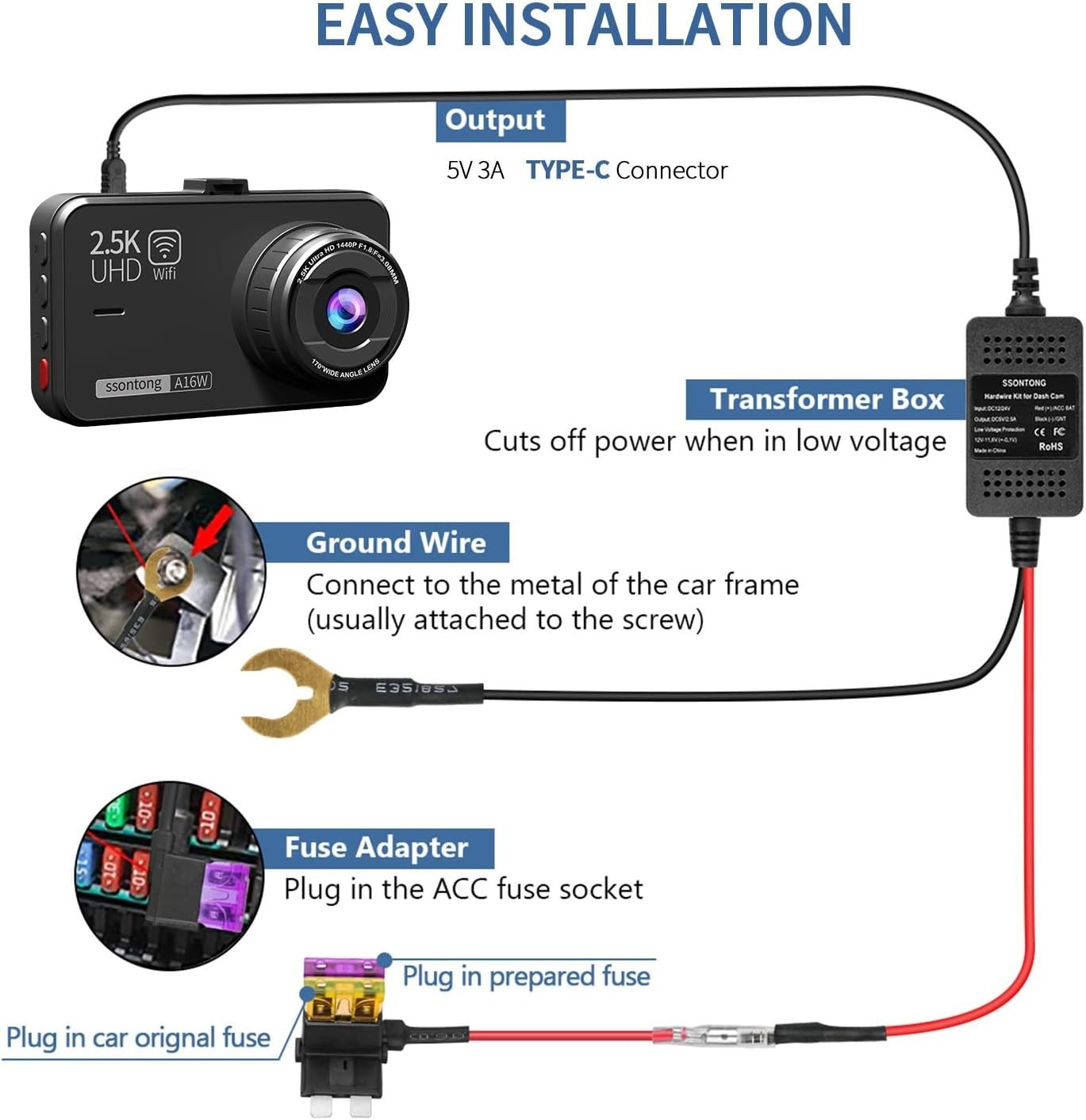 Type-C Dash Cam Hardwire Kit with 13ft Power Cord & Low Voltage Protection