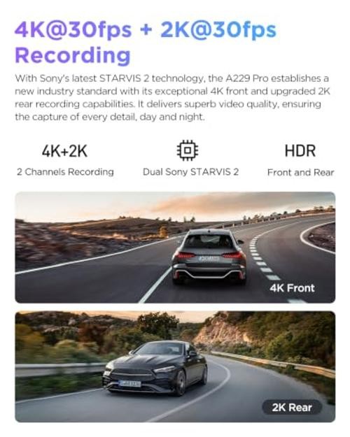A229 Pro 4K HDR Dash Cam Front and Rear, Dual STARVIS 2 Sensors | 4K Front