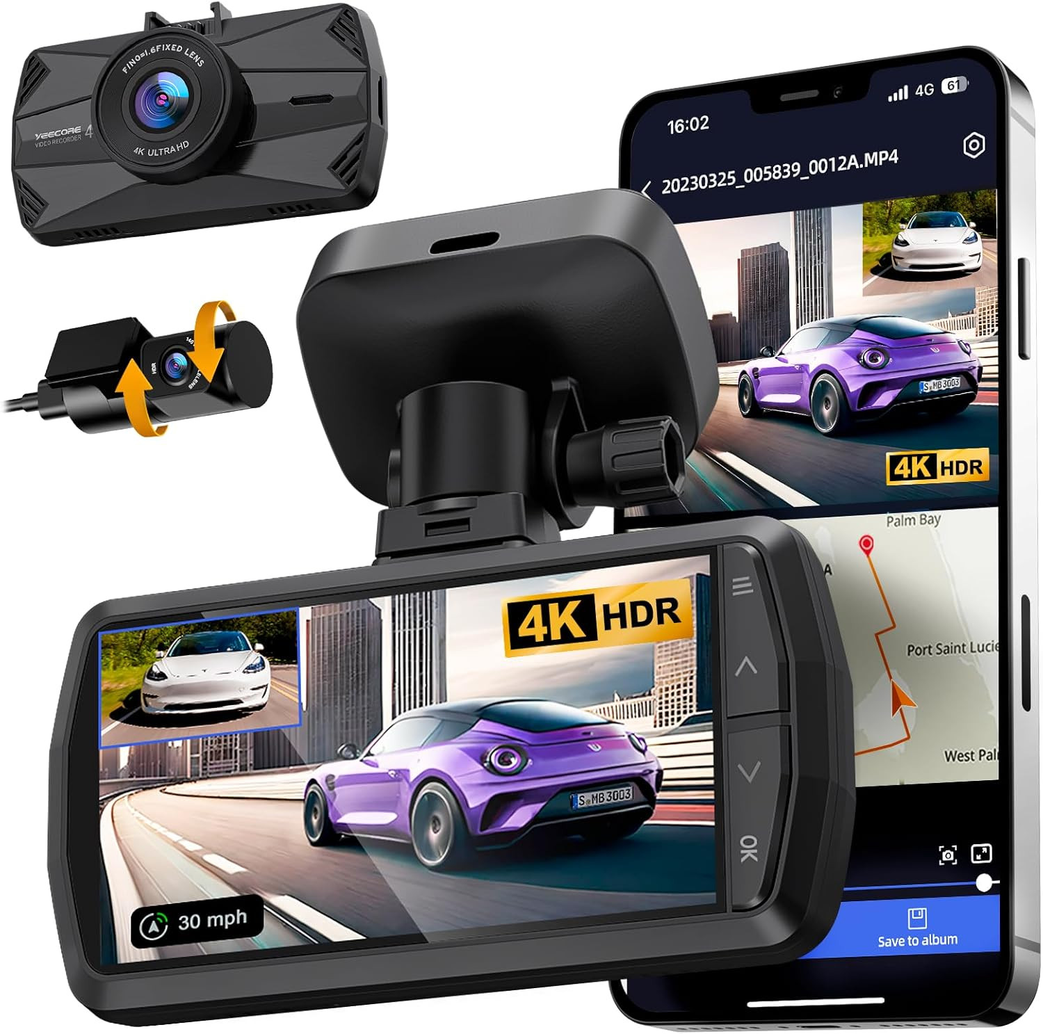 4K Dash Cam Front and Rear, Built-In Wifi GPS, 3″ IPS Screen, HDR Night Vision D
