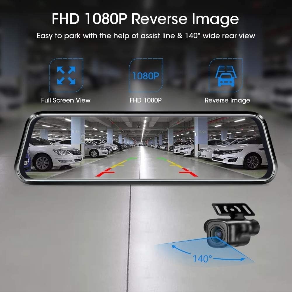 10” FHD Mirror Dash Cam with Touch Screen, Loop Recording & 33ft Camera Cable