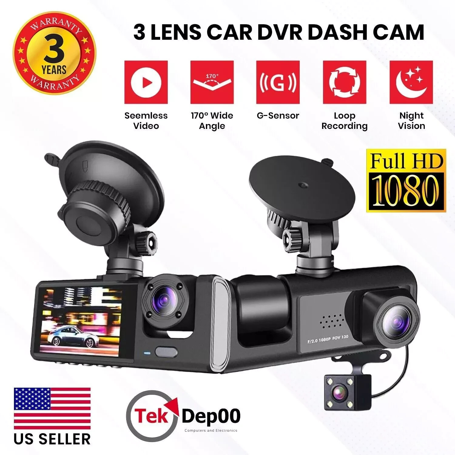 Dual Lens Car Dash Cam 1080P HD Front/Rear/Inside Video Recorder Camera G-Sensor