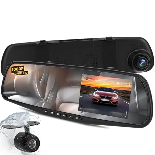 Dash Cam Rearview Mirror – 4.3” DVR Monitor Dual Camera Recorder Rear View