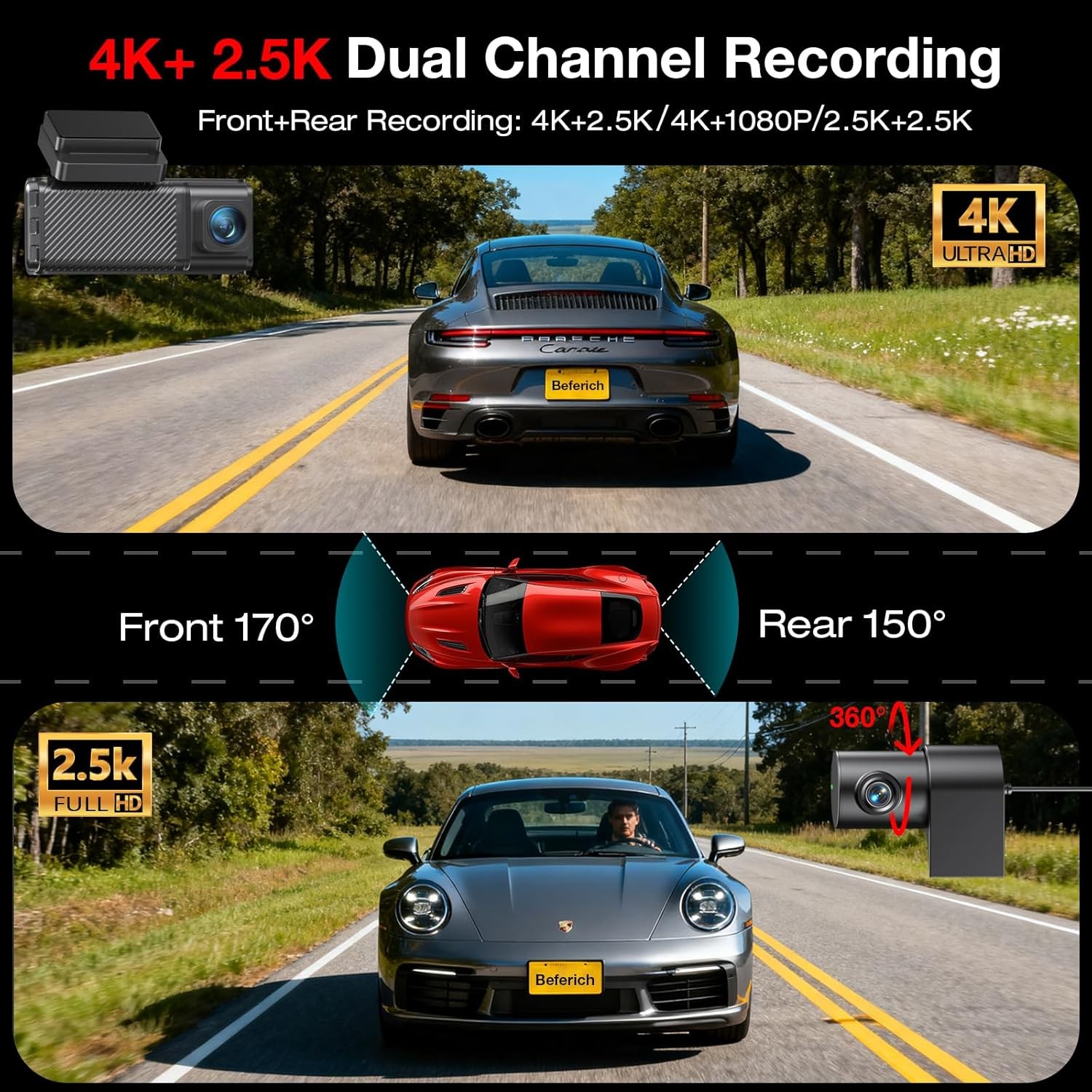 Beferich J18 4K 2.5K Dual Dash Cam GPS WiFi 64GB Card 256GB Max front rear night
