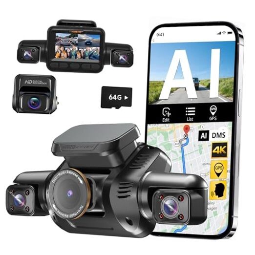 AI Dash Cam Front Rear Inside with Driver Monitor System, 360° Car Camera 4K,