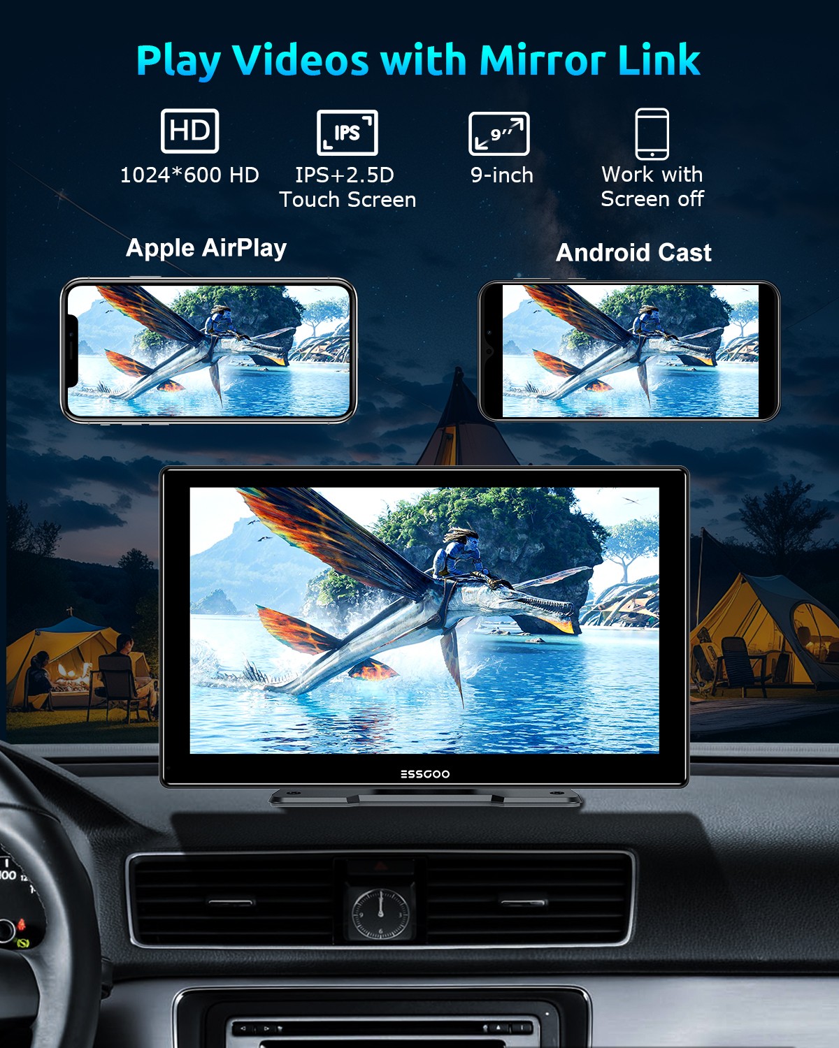 ESSGOO 9″ Portable Apple CarPlay Android Auto Car Stereo Touch Screen FM Radio