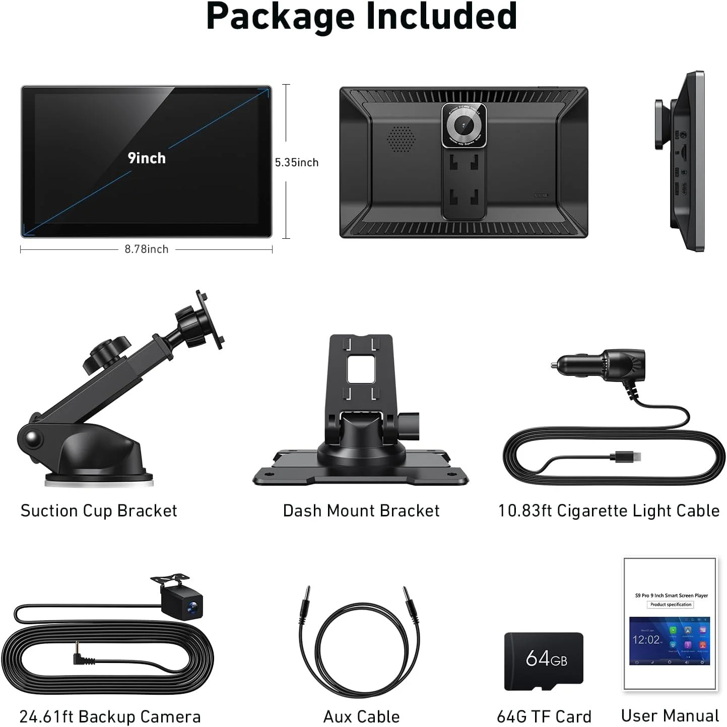 9″ Wireless Carplay Screen with 4K Dash Cam & 1080P Backup Cam | Android Auto Sc