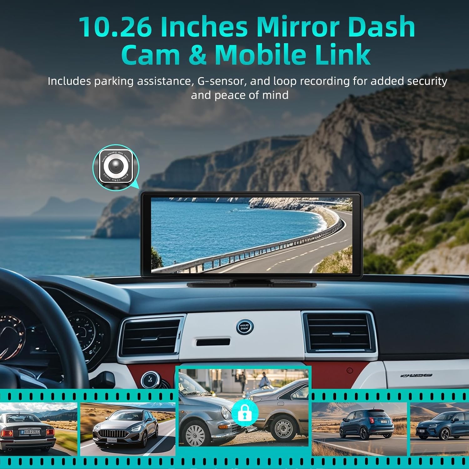 Portable CarPlay Screen for Car 10.26″ HD IPS Touchscreen with 4K Dash Cam Front