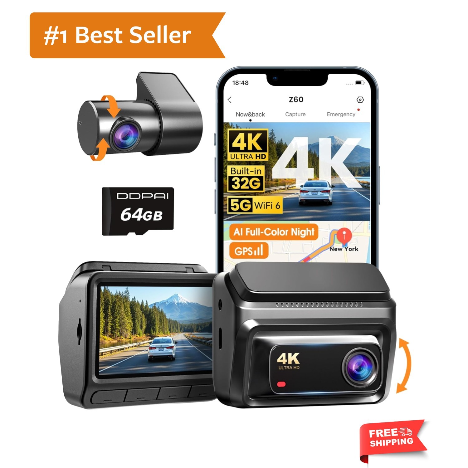 Z60 4K Dash Cam Front and Rear, Built-in 32GB eMMC, Free 64GB Card Included, …