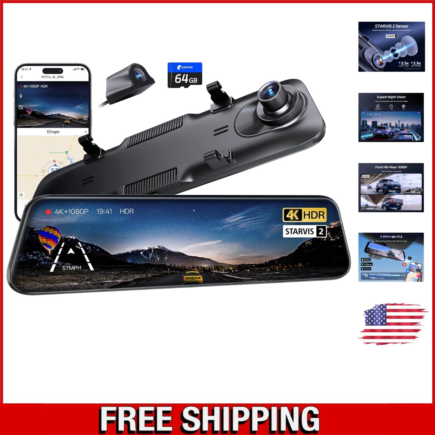 S12 Pro Dash Cam with WiFi, 4K Recording & Smart Voice Control – 64GB Card