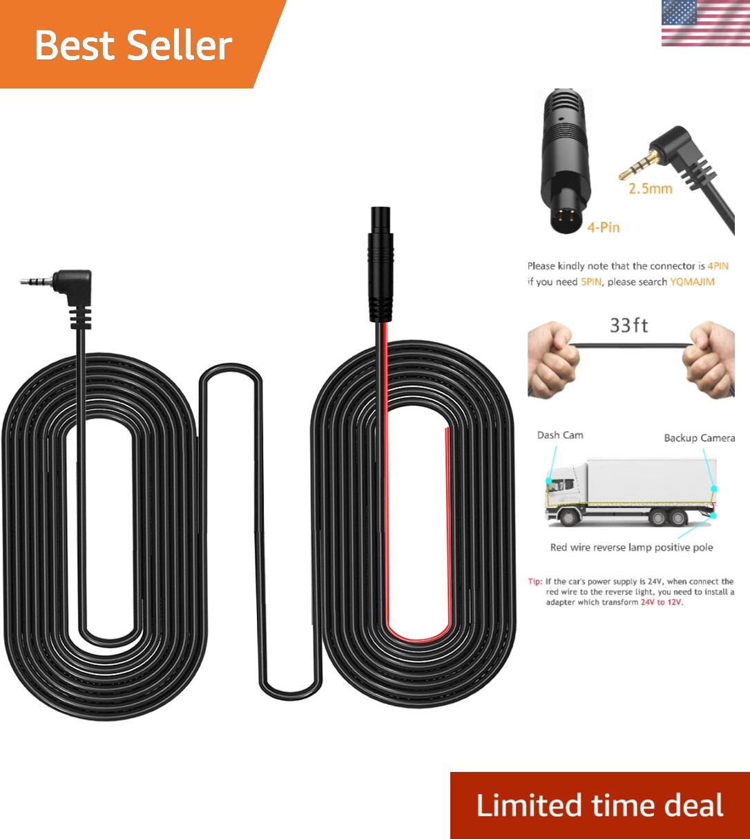 4 Pin Backup Camera Extension Cable – 33 Ft for Dash Cams & Reverse Trigger Use