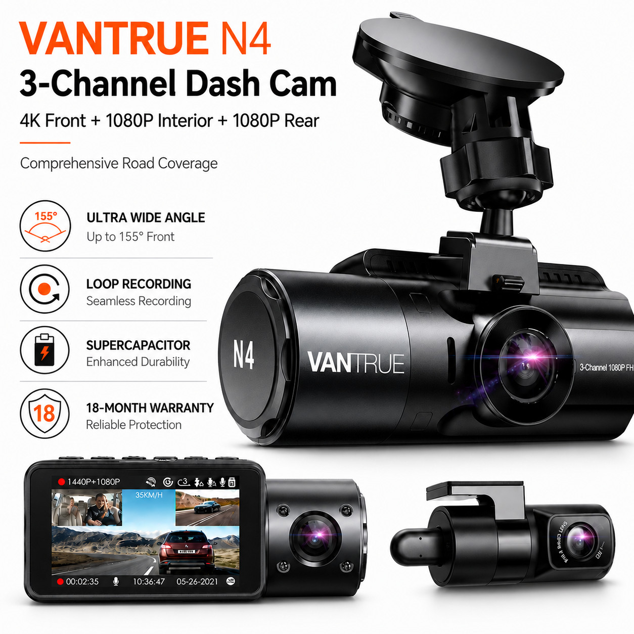 Vantrue N4 3 Channel 4K Dash Cam Front Rear Inside IR Night Vision Parking Mode