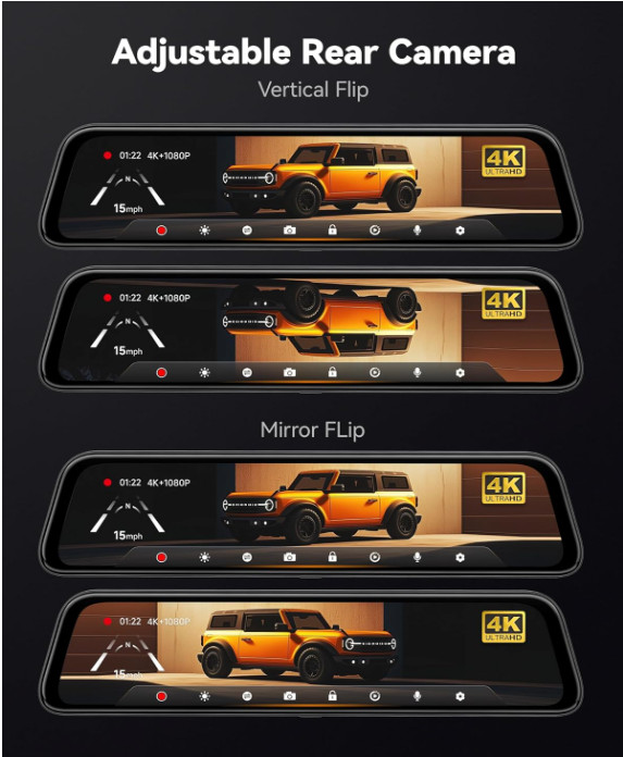 Espejo Retrovisor 4K con Cámara Dual, WiFi 5.8GHz, GPS y Visión Nocturna. Nuevo