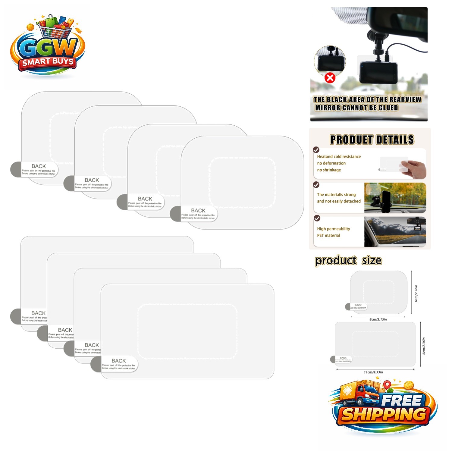 Dashcam Windshield Stickers – 8Pcs Easy Installation & Residue-Free Removal