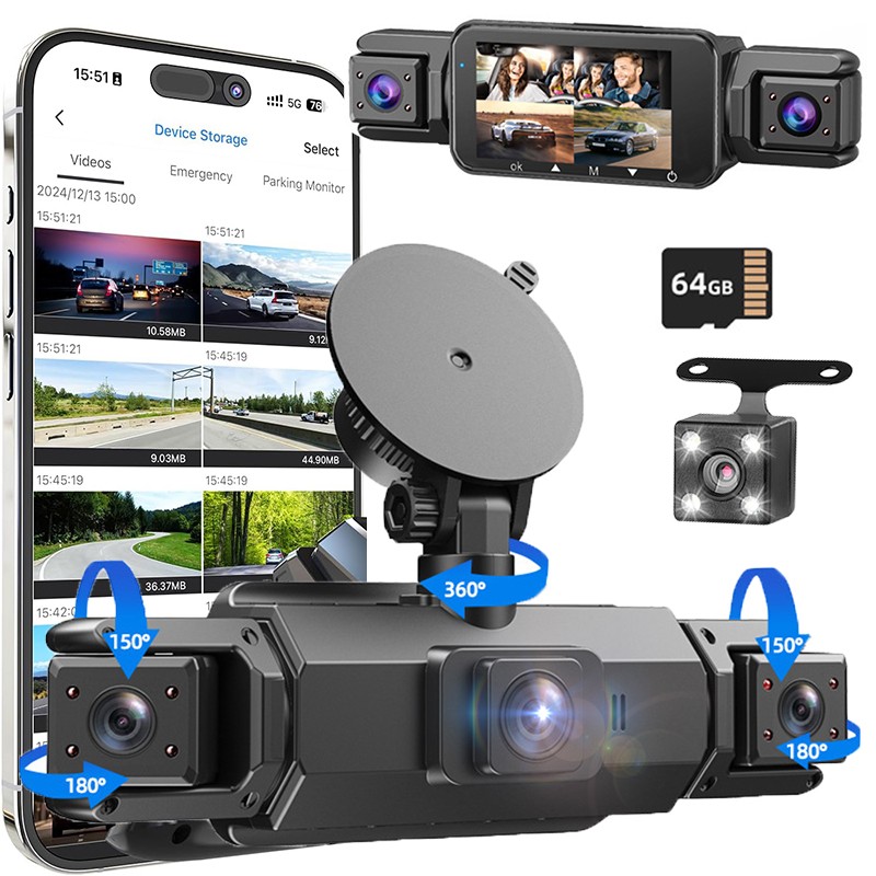 4 Channel Dash Cam 4K HD Car Camera 360° View Front Rear Inside Left Right 64GB