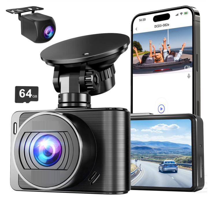 Cámara de salpicadero 4K/1080p, WiFi 5G, 64GB, pantalla IPS 2.0″, modo estaciona