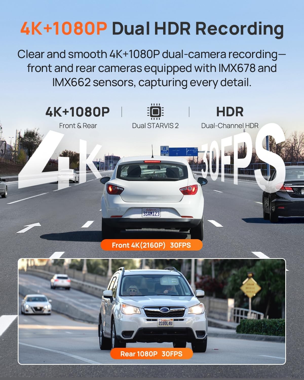 4K Dual Dash Cam Front & Rear, 4G LTE, AI Motion Detection, WiFi 6, HDR Night Vi