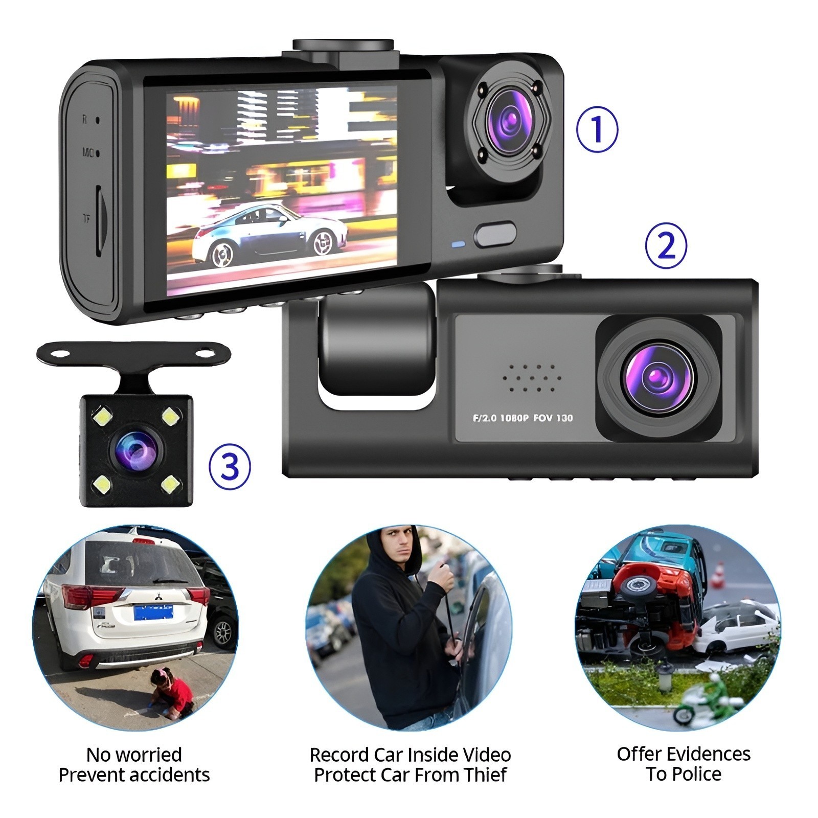 Dash Cam Front Rear Inside 1080P Night Vision G-Sensor Parking Monitor
