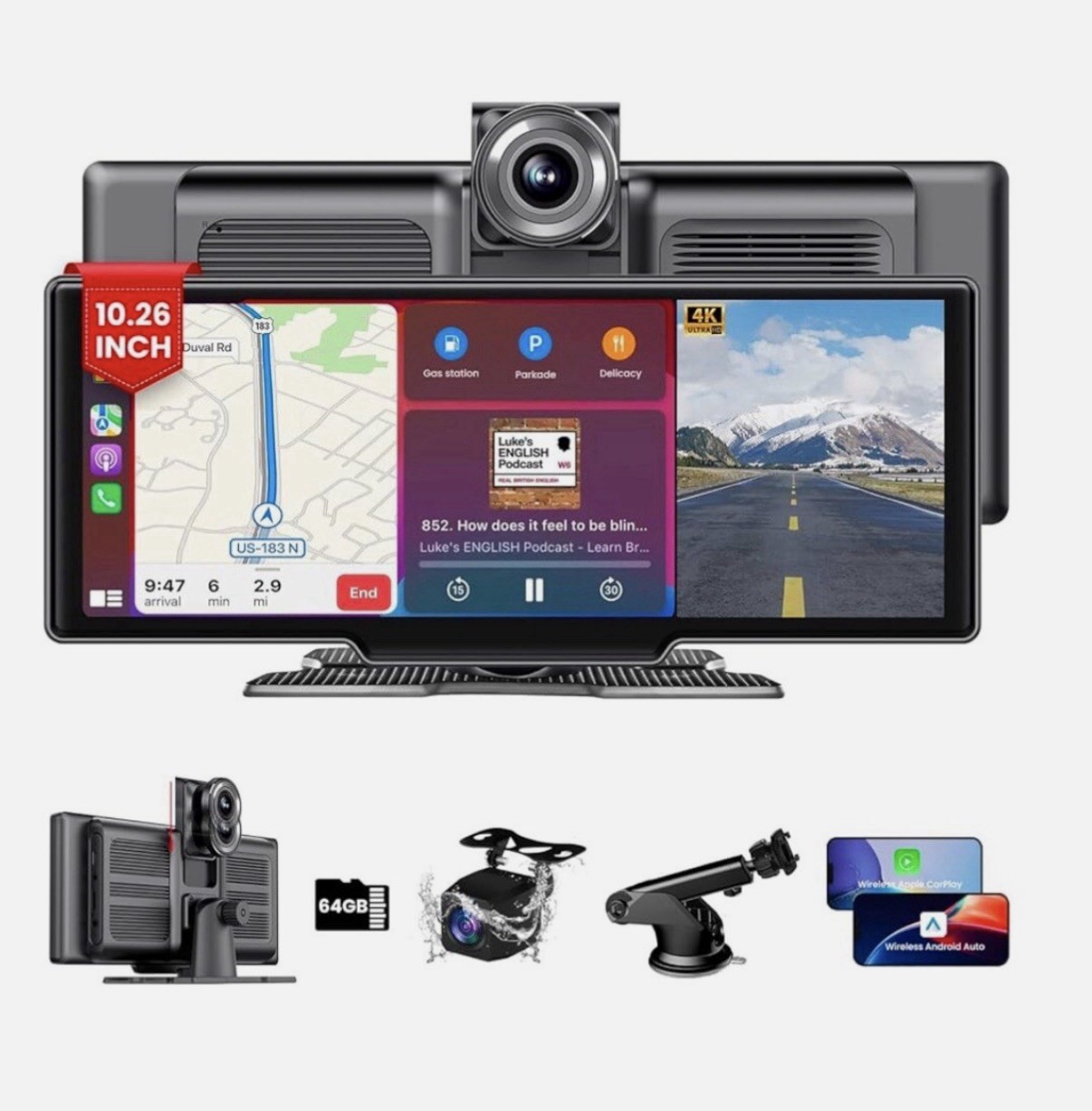 SANPTENT Wireless Apple CarPlay Portable Car Stereo, 10.26″, Dash & Rear Cameras