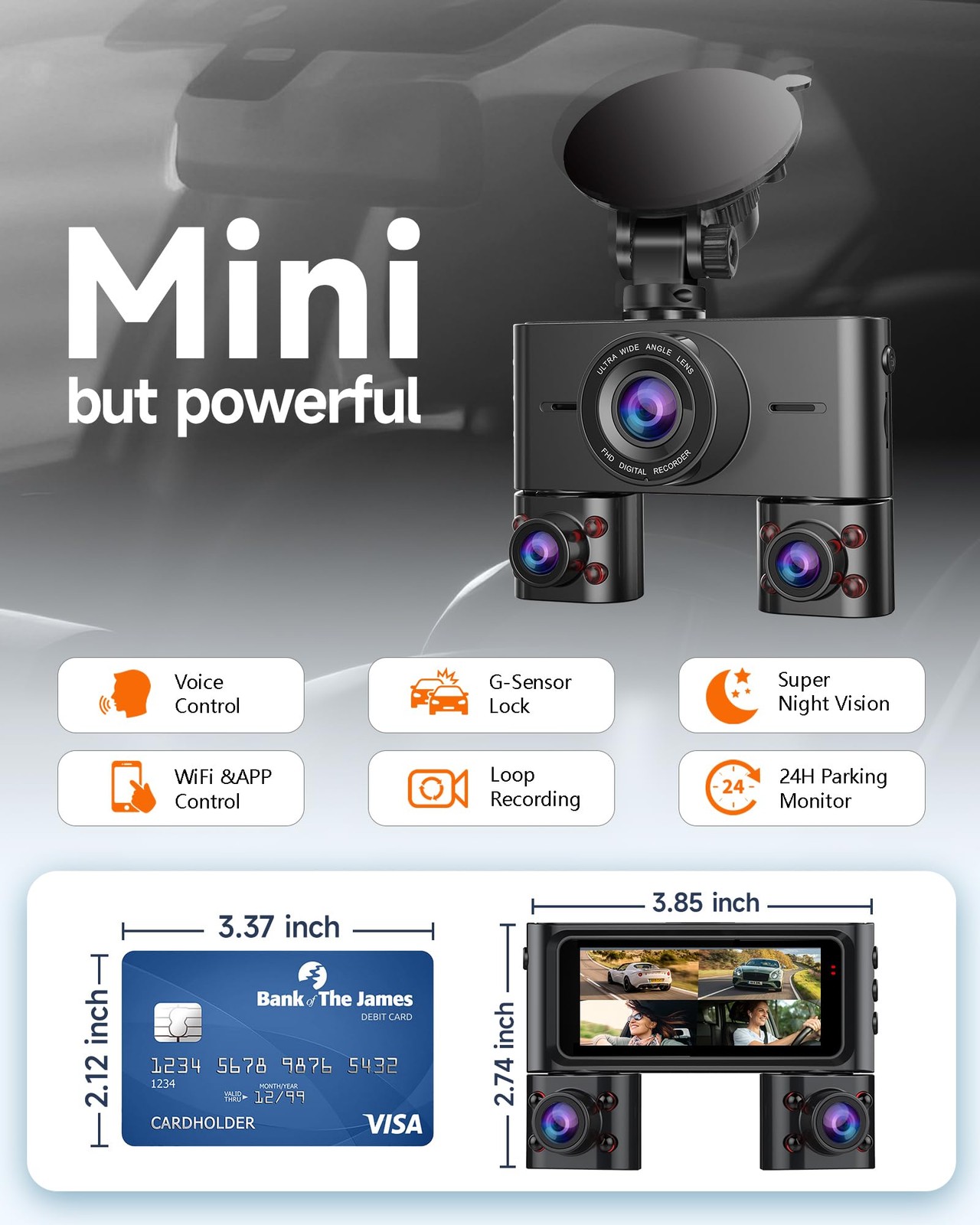 360° Dash Cam Front and Rear Inside, 4 Channel Dash Camera for Cars FHD 1080P…