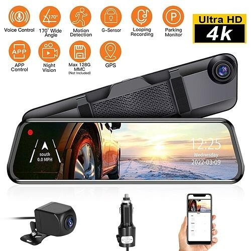 4K Car DVR 12in Dash Cam Camcorder with 170° Angle Lop Voice Control APP Control