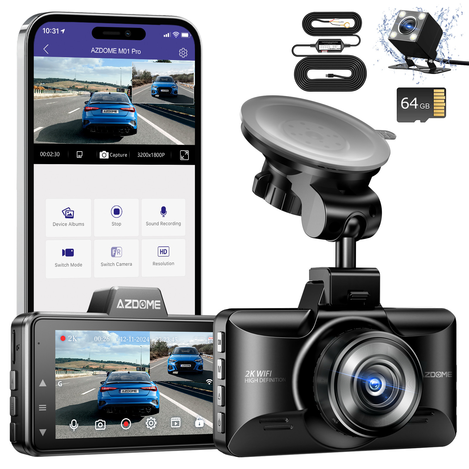AZDOME 3K Dashcam ADAS WiFi Car DVR 2K+1K Dual Camera Park Mode 64G+Hardwire Kit
