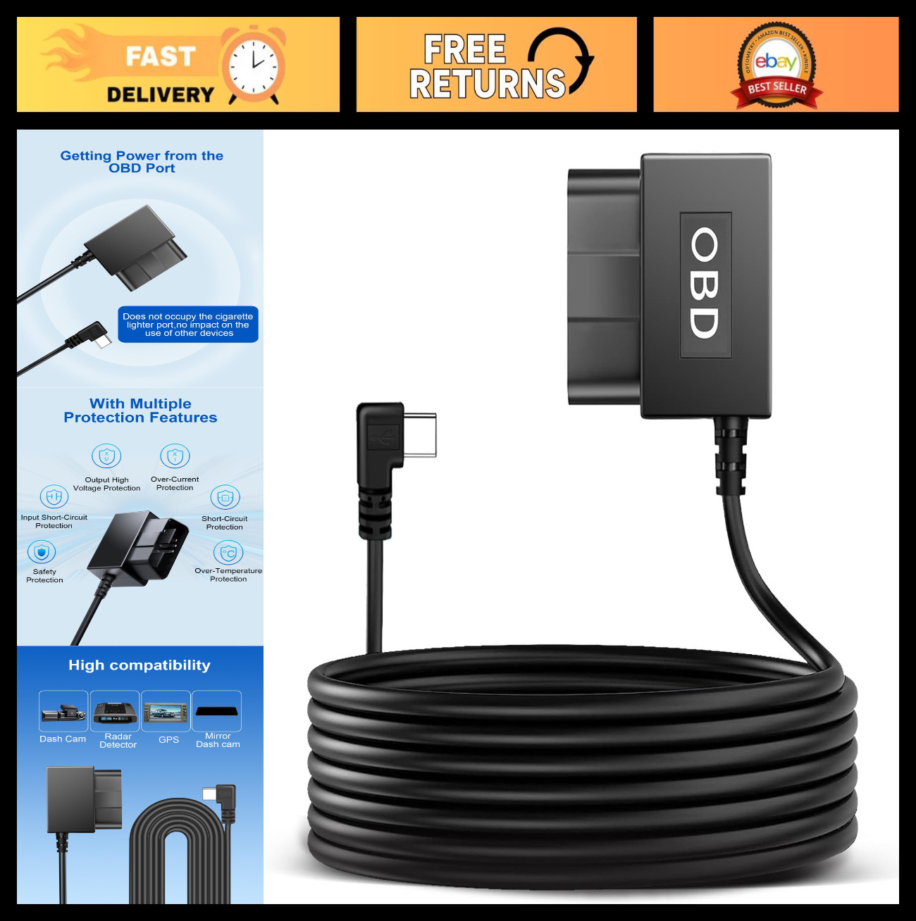 Dash Cam Hardwire Kit Type C Power Cable 11.6-16V to 5V/2.5A, Low Voltage Protec