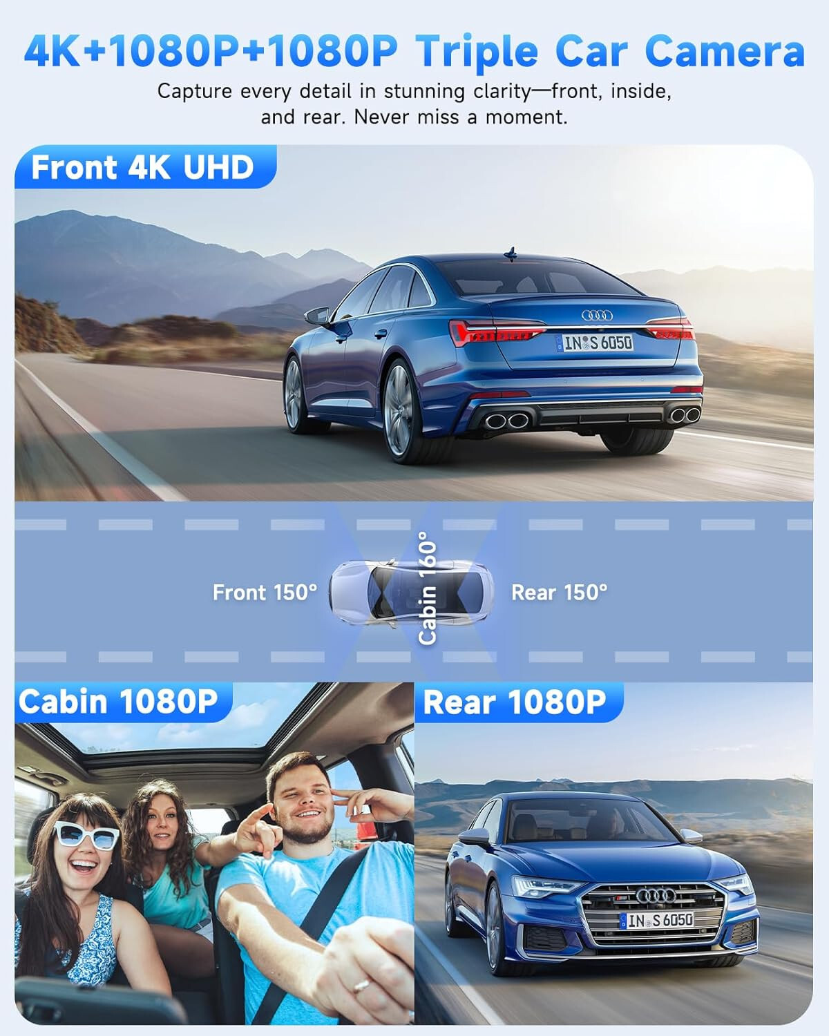 3 Channel Dash Cam 4K Dash Cam Front 1080 Inside and Rear with Free 64GB 2695