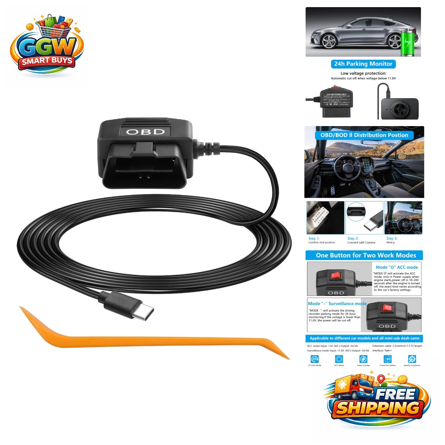 OBD Power Cable for Dash Cam with Type C Adapter & Low Voltage Protection 3.5M