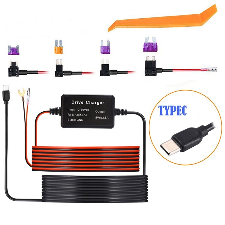 Universal Type C Dash Cam Hardwire Kit Hard Wire Cable Fuse 12-24V to 5V Car DVR