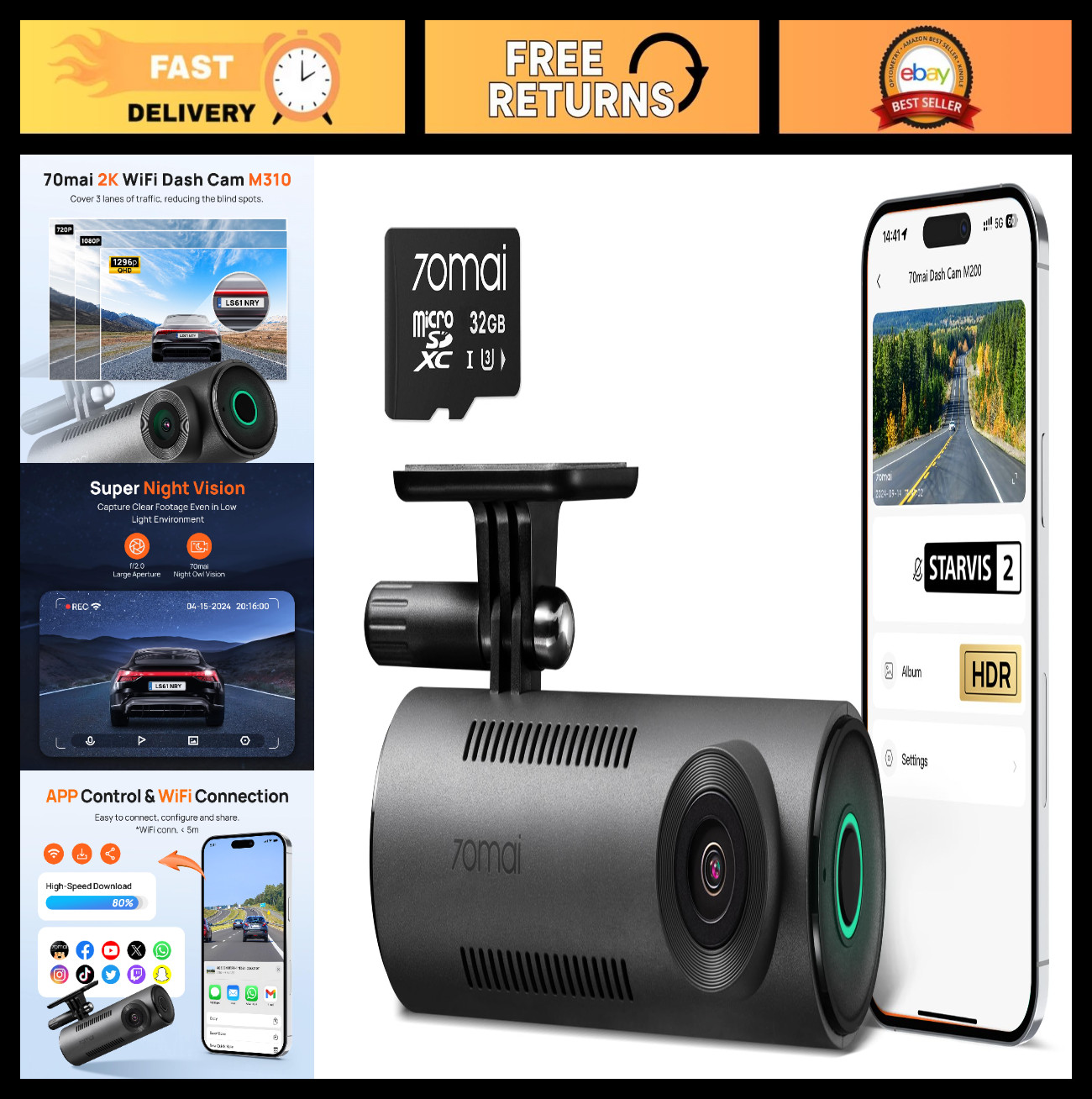 1296P QHD Dash Cam for Cars, 130° Wide Angle, WDR Night Vision, WiFi, Voice Cont