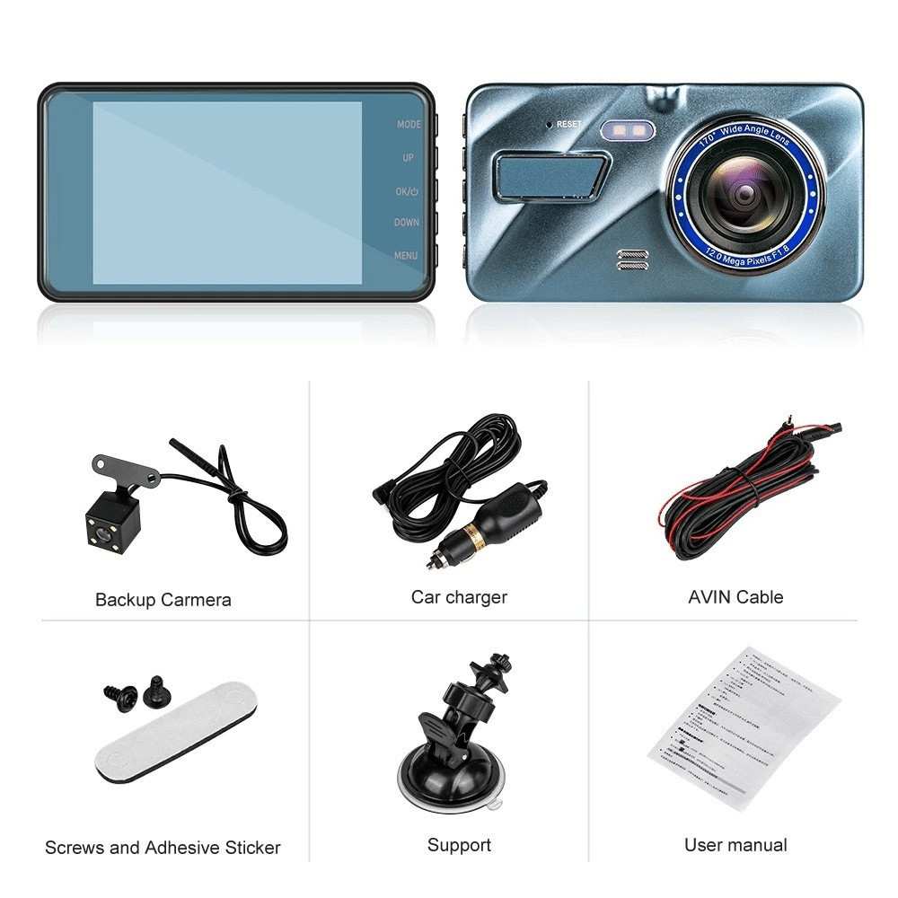 Touch Screen Dash Cam 4″ 1080P Dual Lens Car DVR Recorder Front And Rear Camera
