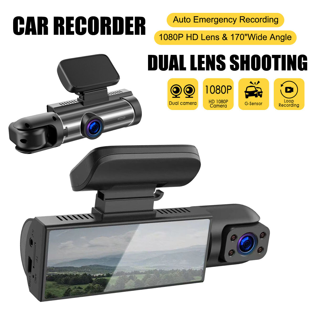 1080P Front & Inside Camera Video Recorder G-Sensor Dual Lens Car DVR Dash Cam *