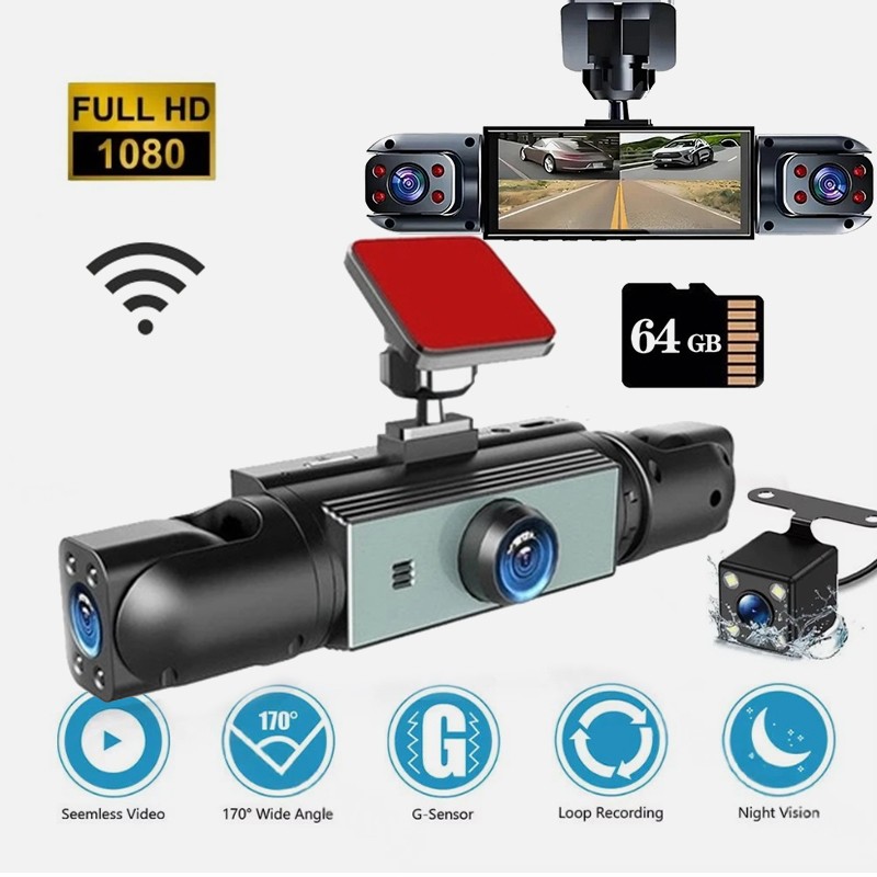 1080P 4 Channel Wifi Dash Cam Driving Recorder HD Car Front+Rear Camera+64G Card