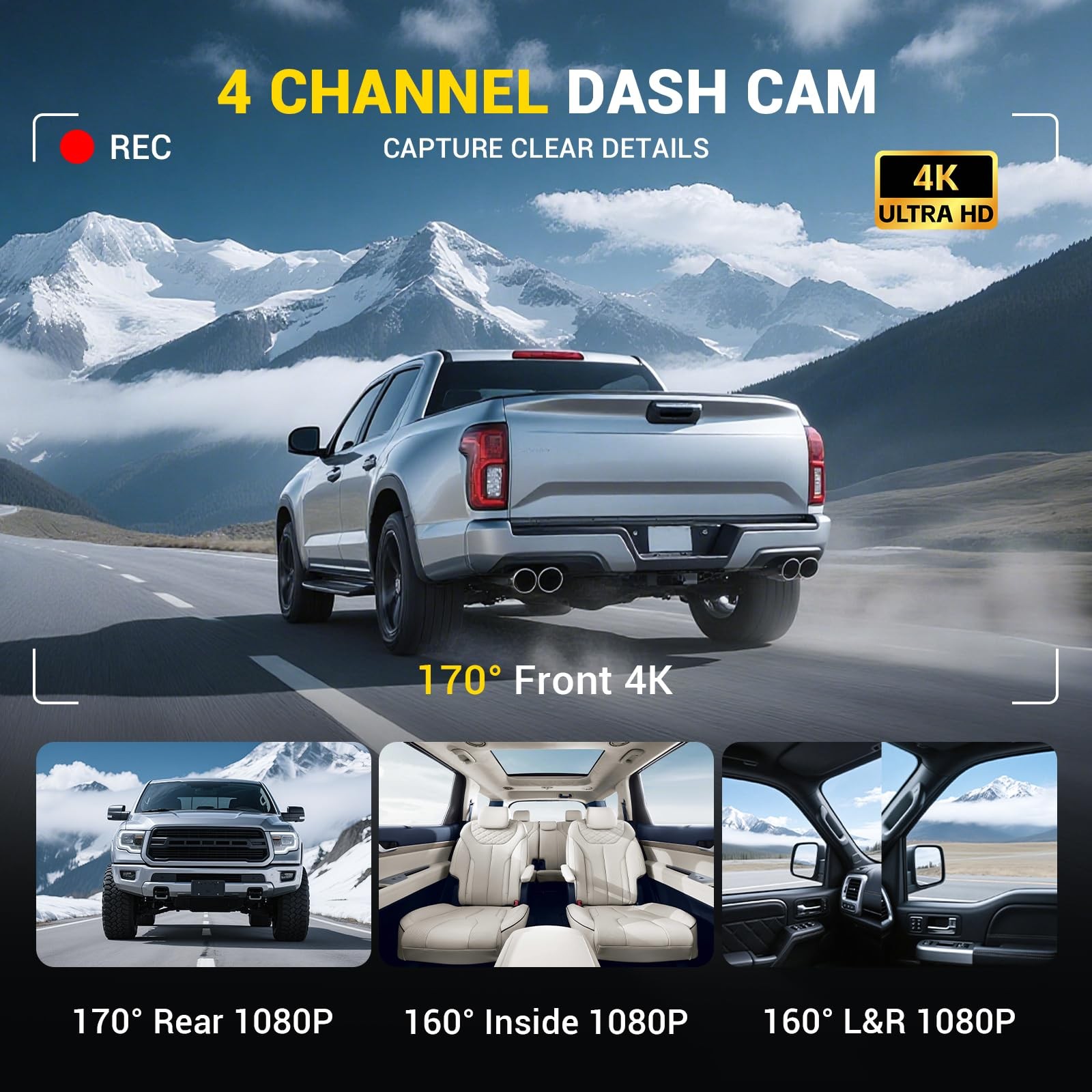 4CH 4K Dash Cam with GPS Front Rear Left Right Parking Monitor WiFi Dash Cameras