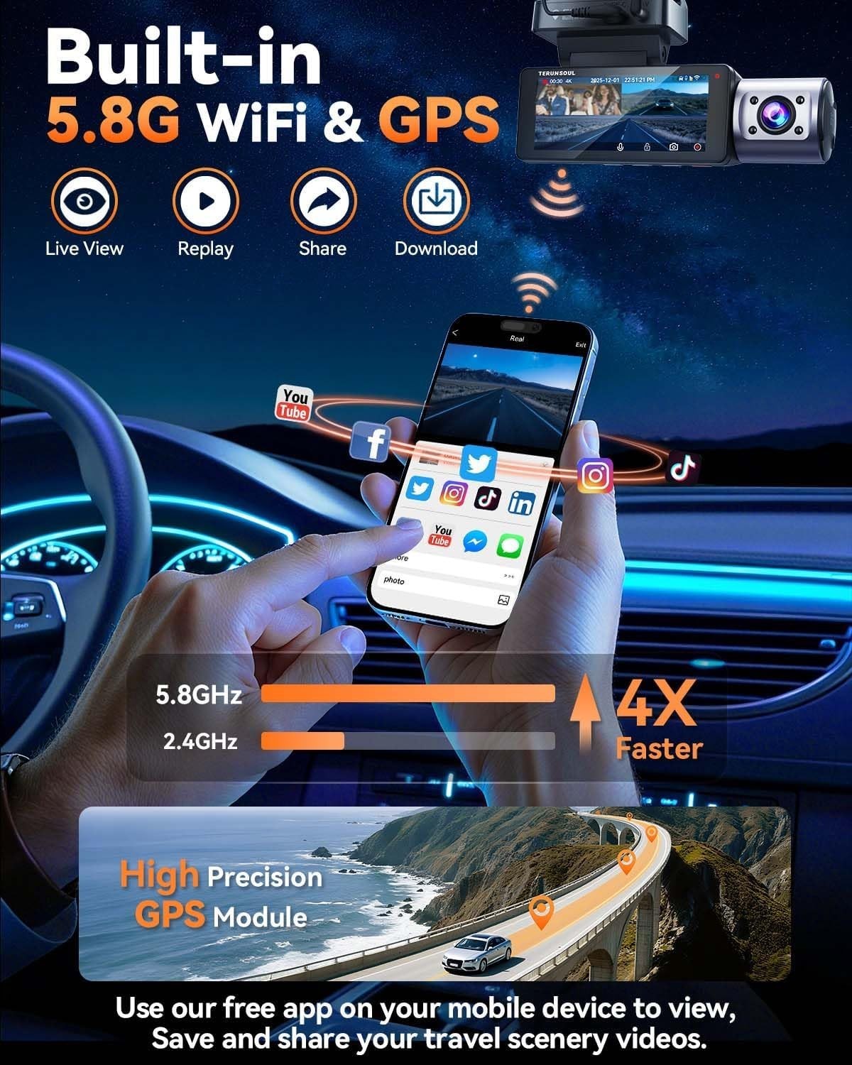 4K Dash Cam Front and Rear, Full HD 3 Channel Dashcam, Free 128GB Card | buil…