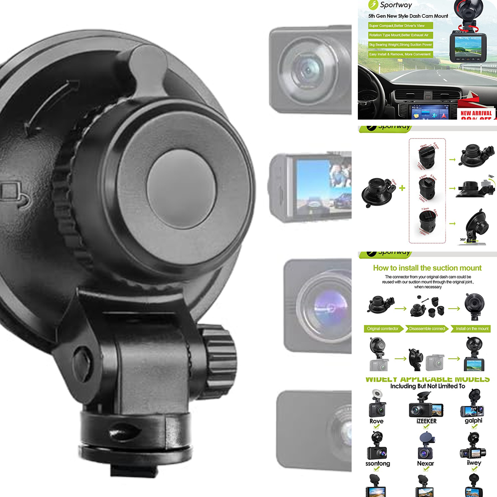 Sportway S503 Universal Dash Cam Suction Mount – Compact Heat Resistant Holder