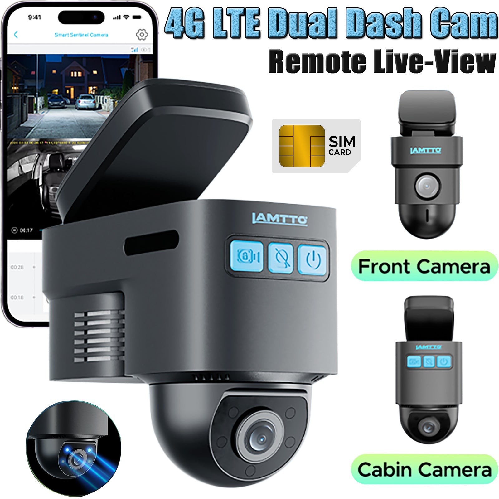Dash Cam Front Inside, 4G LTE Car Security Camera,Remote Live-View Cloud Storage