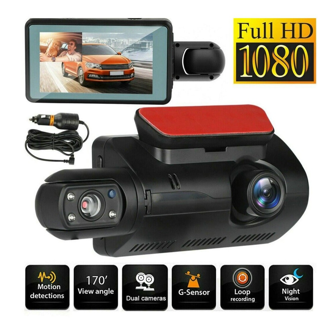 3″ Dual Lens Dash Cam Car Camera Front and Real HD 1080P G-Sensor Night Vision