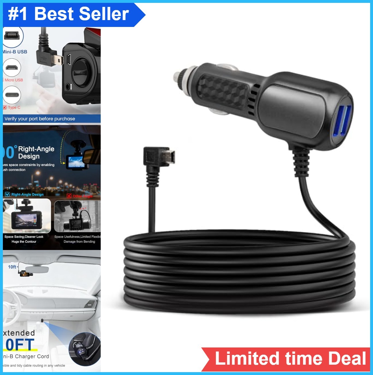 Mini-B USB Dash Cam Power Cord 10FT Dual Port 5V 2A LED Car Charger Adapter
