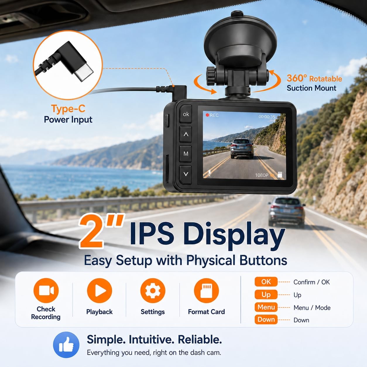 Dash Cam Front and Rear, 2.5K+1080P Dual Camera for Cars, 2″ IPS Screen