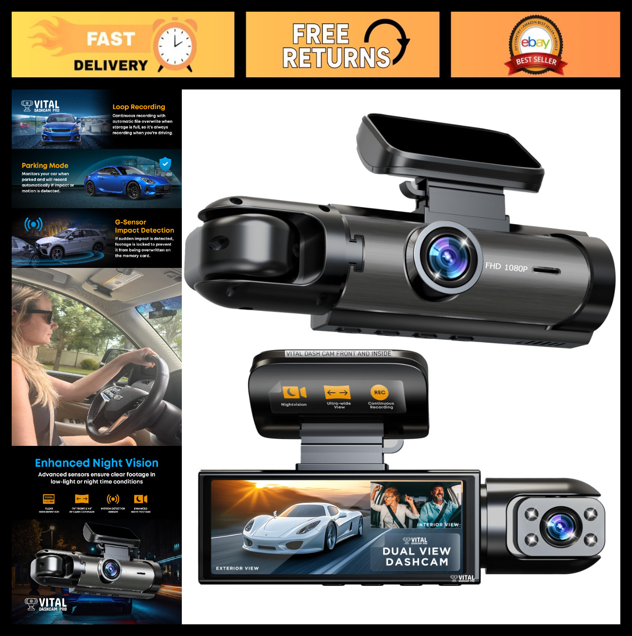 Dual Dash Camera Front & Rear for Cars – Night Vision, G-Sensor, 24/7 Parking, L