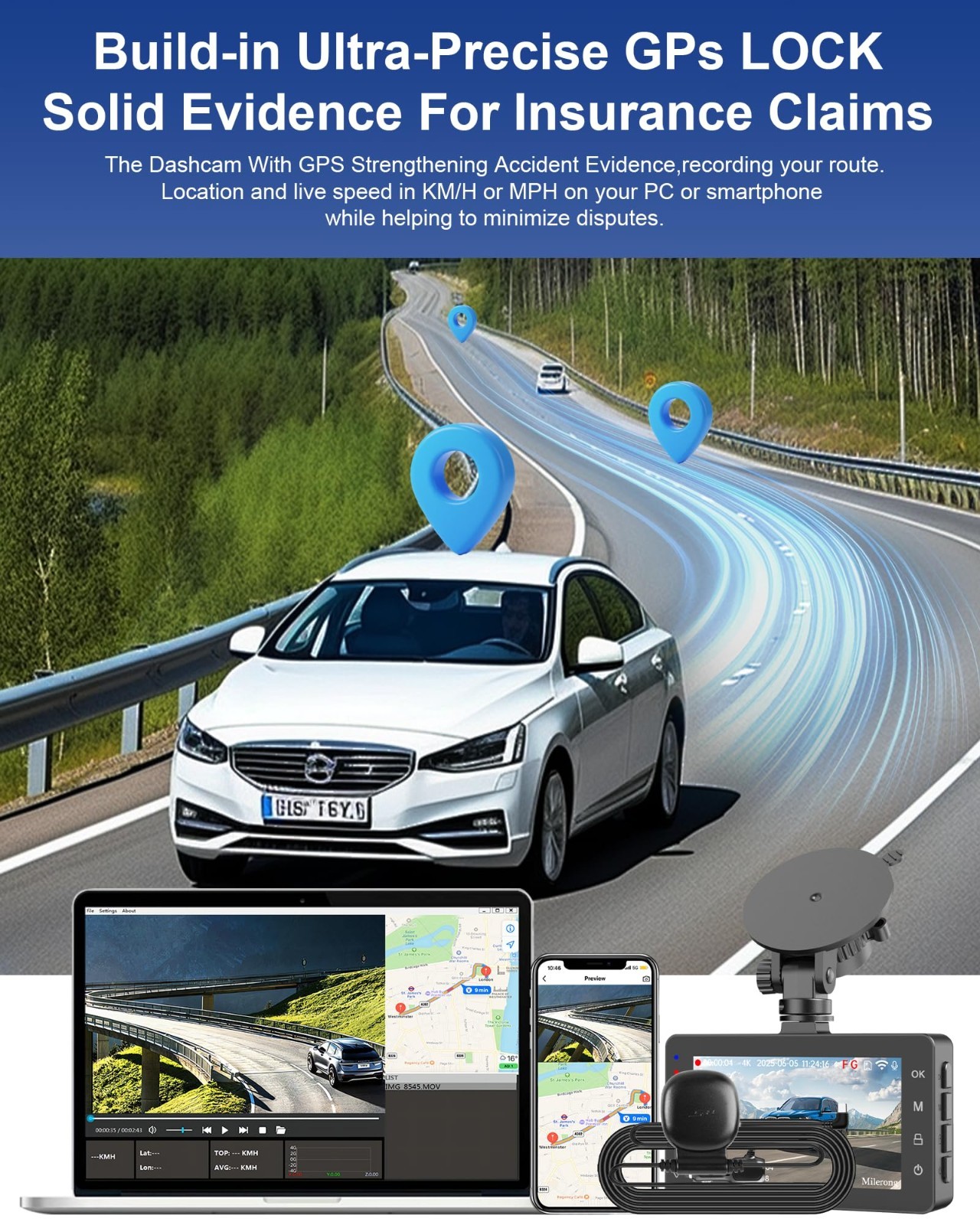 4K Dual Dash Cam Front & Rear, WiFi GPS, Voice Control, 64GB Card, Night Vision
