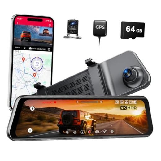 12″ Mirror Dash Cam, 4K UHD Front and 2.5K Rear View Dash Camera for LD4K: 64G