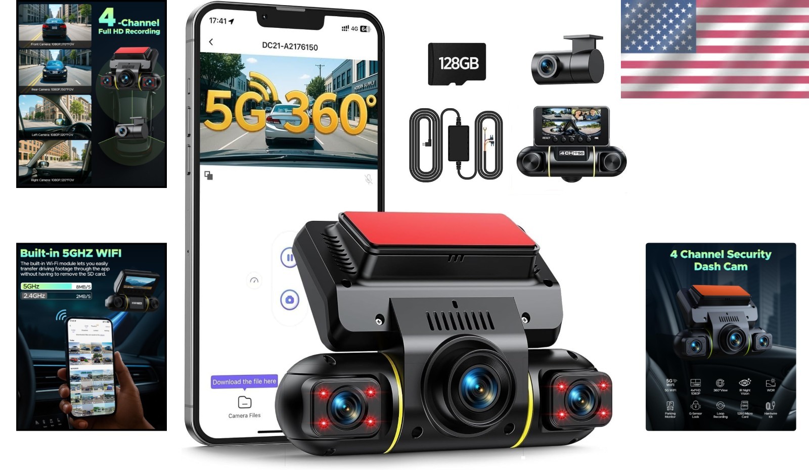Comprehensive 360° Dash Cam with G-Sensor and Night Vision – 128GB Card Included