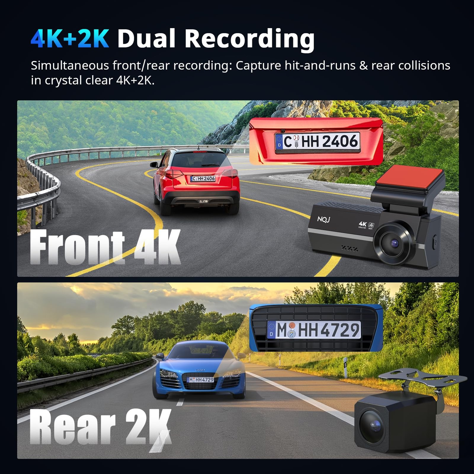 Dash Cams Front and Rear, 4K+2K Dual Dash Camera for Cars w 64GB Card, 5G Wi-…